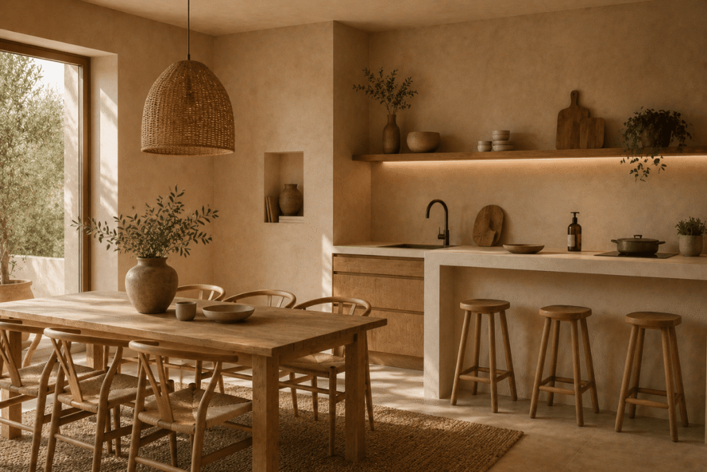 Cocina comedor con revestimientos minerales, madera clara y decoración natural.