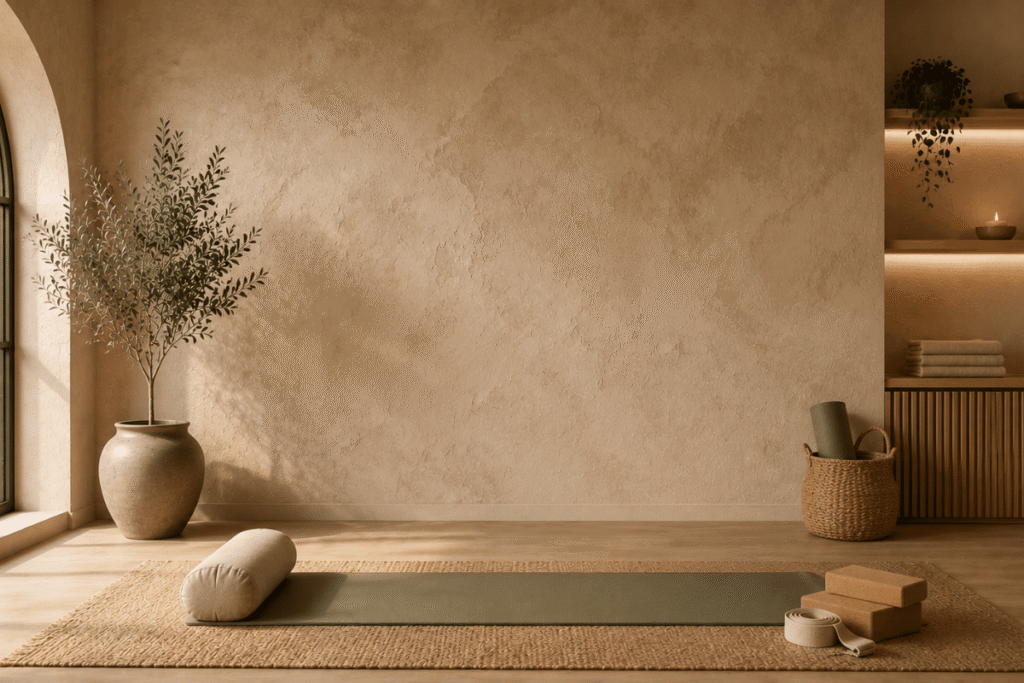 Espacio de yoga en casa con pared ocre texturizada y ventana arqueada.