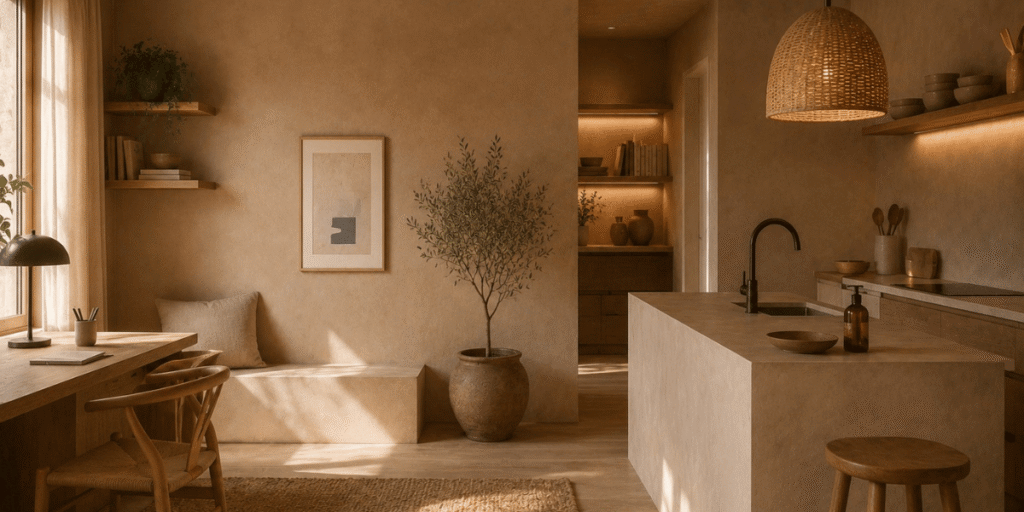 Estudio con cocina integrada y paredes de arcilla en tonos arena.