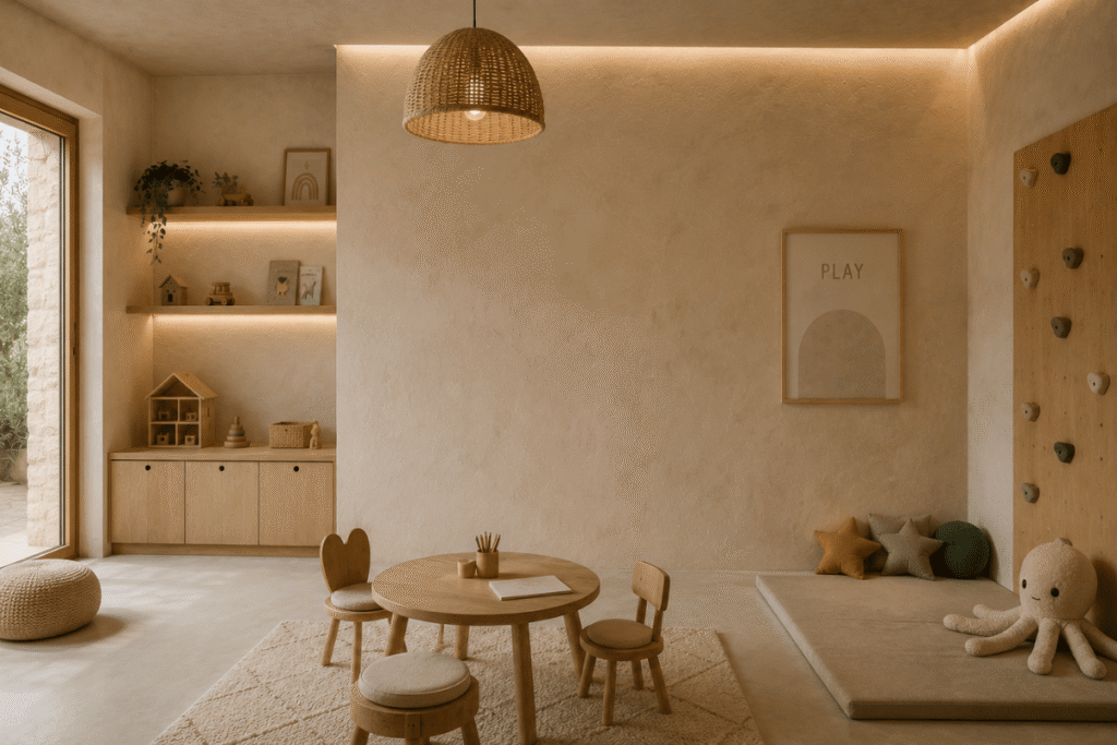 Sala de juegos infantil minimalista con revestimientos naturales y muebles de madera.