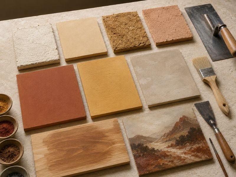 Diferentes aplicaciones de pigmentos naturales sobre morteros de cal, estucos, revocos, pinturas minerales, veladuras y madera.