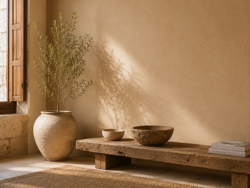 Interior mediterráneo con pared revestida en un único tono mediante un revestimiento mineral pigmentado con pigmentos naturales y acabado de cal.