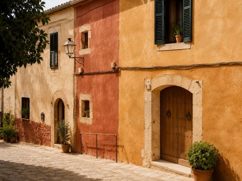 Fachada tradicional mediterránea con revestimientos de cal pigmentados en tonos ocre, almagra y siena elaborados con pigmentos naturales.