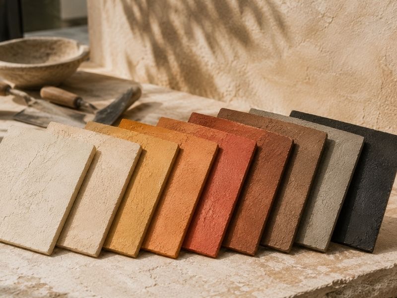 Muestras de morteros de cal coloreados con pigmentos naturales en tonos blanco, arena, ocre, siena, almagra, marrón, gris y negro mineral.