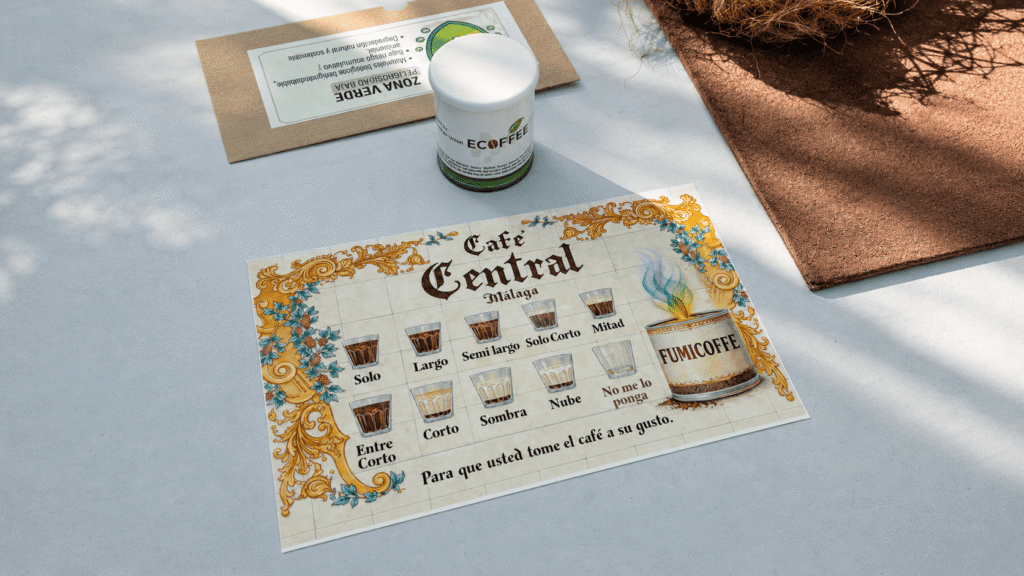 Material divulgativo del proyecto ECOFFEE junto a una muestra del producto durante una jornada de educación ambiental sobre economía circular en Málaga.