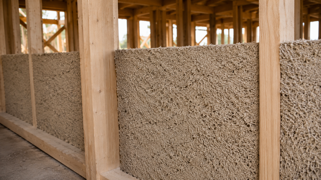 Paneles de aislamiento de cáñamo instalados en una estructura de madera para construcción sostenible.