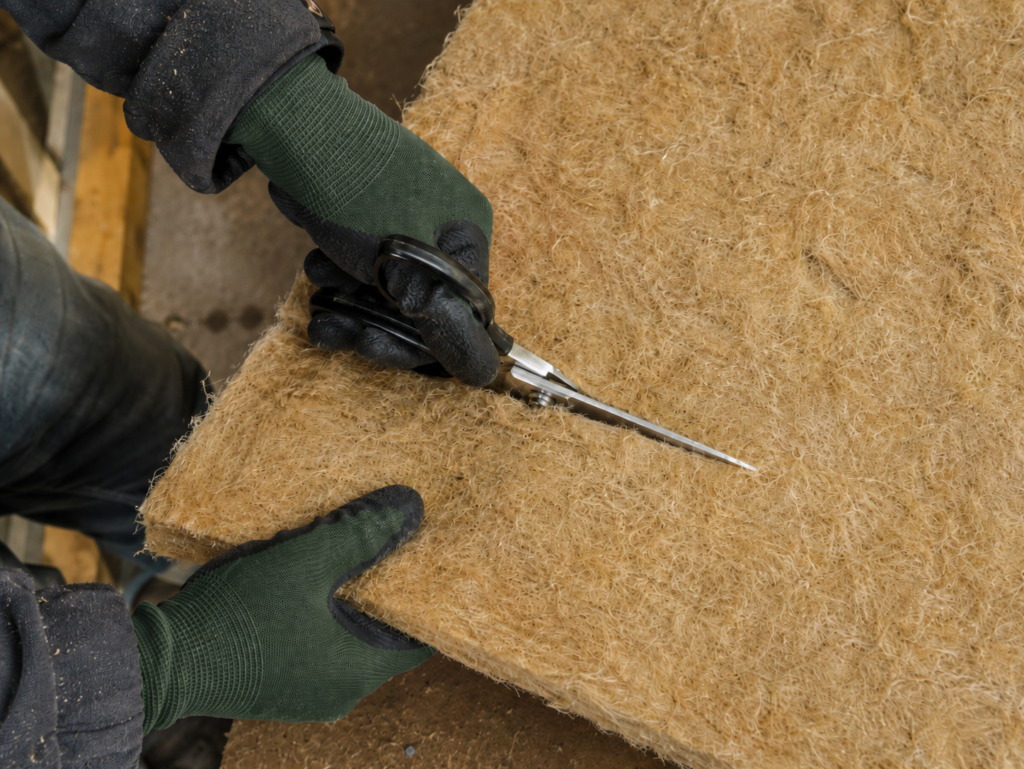 Corte de un panel de aislamiento de cáñamo para adaptarlo a una instalación en bioconstrucción.