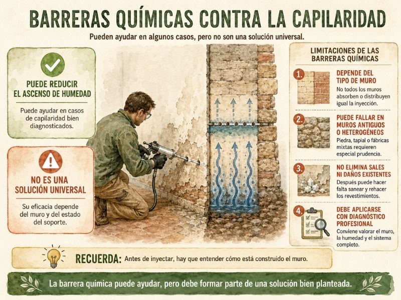 Infografía sobre barreras químicas contra la humedad por capilaridad, su funcionamiento, limitaciones y aplicación en muros.