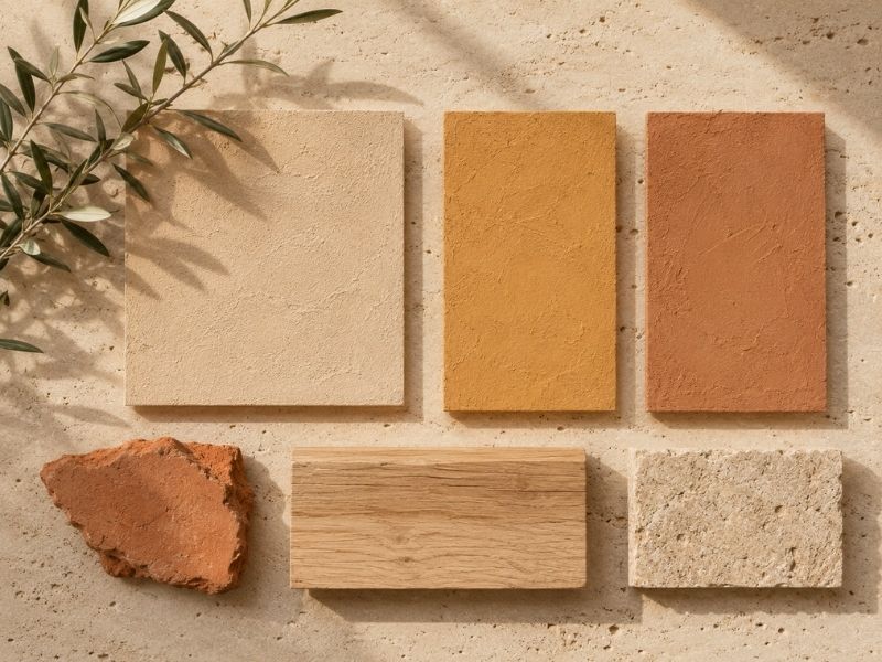 Muestras de revestimientos minerales en tonos arena, ocre y siena junto a madera, barro y piedra para combinar pigmentos naturales.