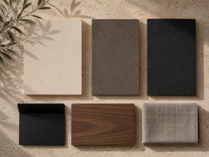Muestras de revestimientos minerales en blanco roto, gris cálido y negro mineral combinadas con madera y tejidos naturales.