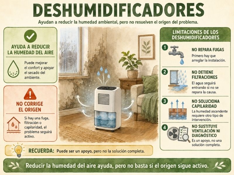 Infografía sobre deshumidificadores para controlar la humedad ambiental, sus ventajas, limitaciones y cuándo utilizarlos en una vivienda.