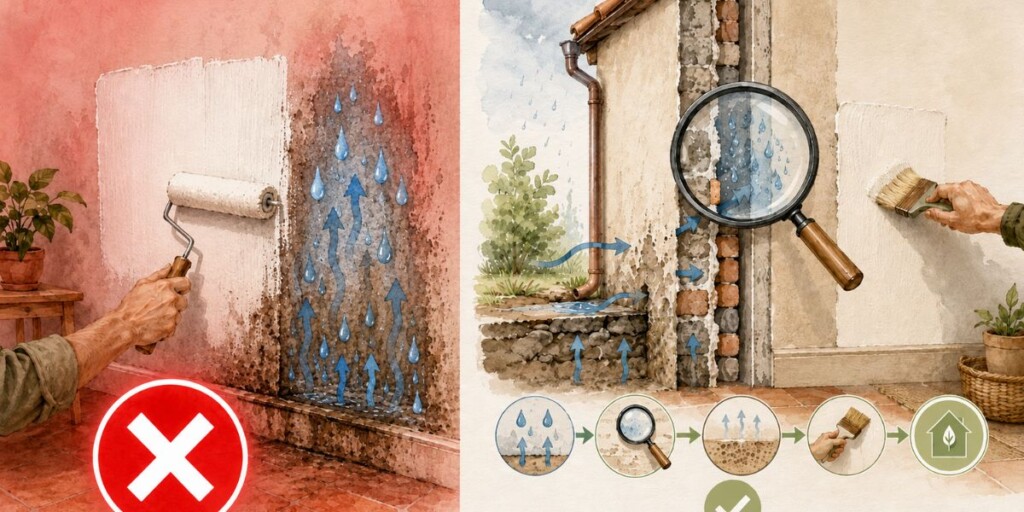 Comparativa entre tapar una pared con humedad y diagnosticar el origen antes de aplicar un tratamiento o revestimiento.