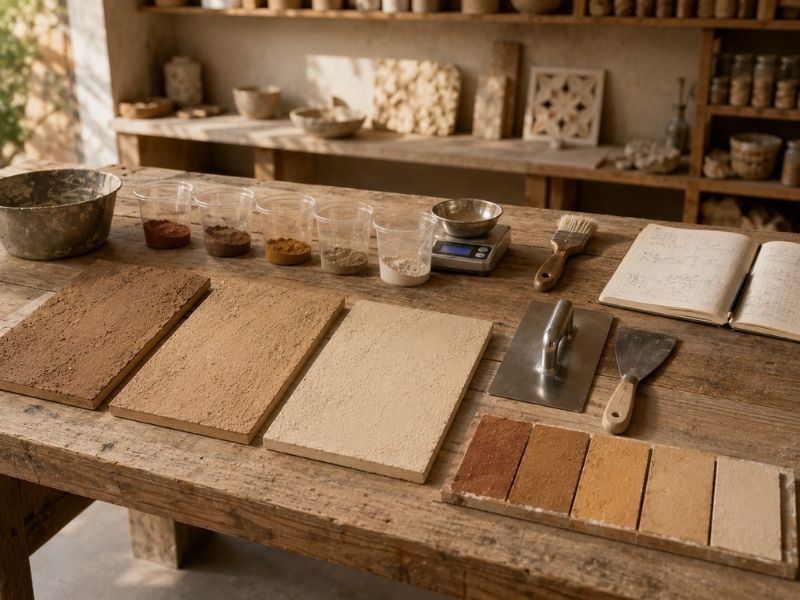 Muestras de pigmentos naturales y revestimientos minerales durante la preparación de colores para acabados decorativos.