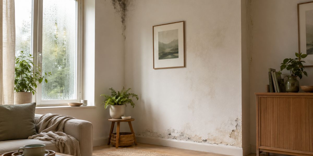 Salón con moho en una esquina, manchas de humedad en la pared y condensación en la ventana, ilustrando distintos problemas de humedad en una vivienda.