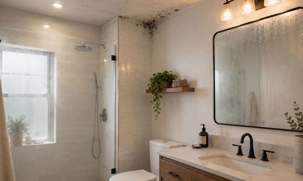 Baño con condensación en el espejo y la ventana, y moho negro en la esquina del techo provocado por humedad.