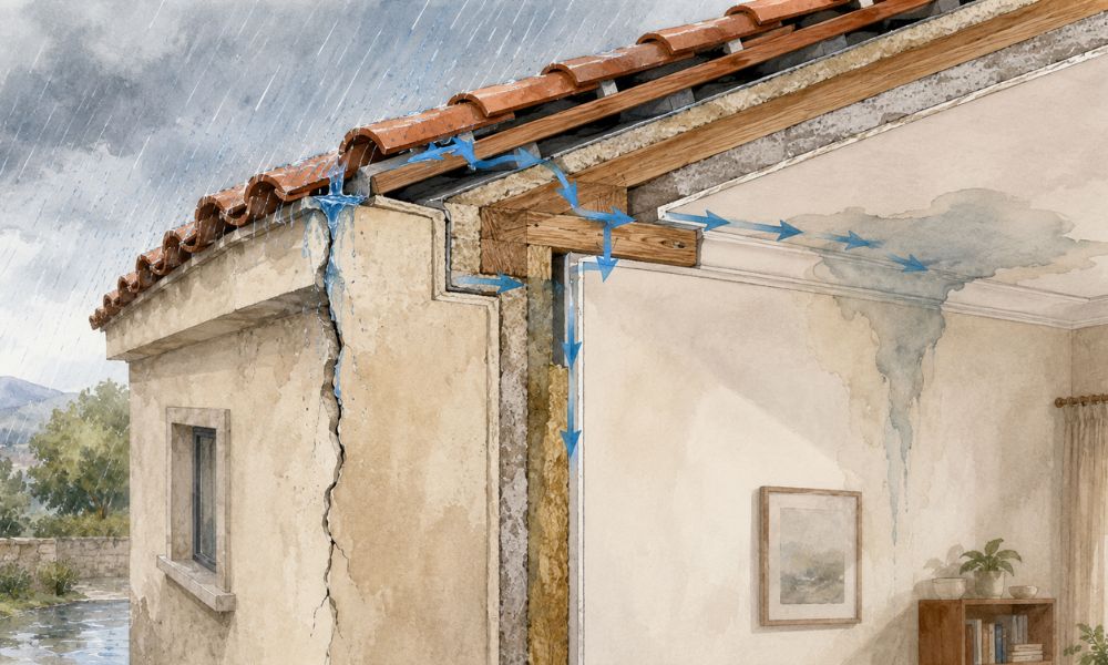 Esquema de una filtración de agua desde la cubierta que provoca una mancha de humedad en el techo del interior de la vivienda.