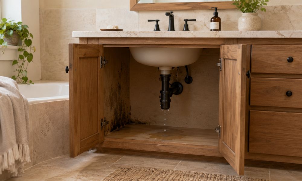 Fuga de agua en el desagüe de un lavabo que provoca humedad y moho en el interior del mueble del baño.