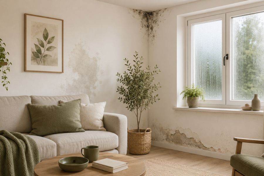 Pared con manchas de humedad, moho y pintura deteriorada junto a una ventana con condensación en una vivienda.