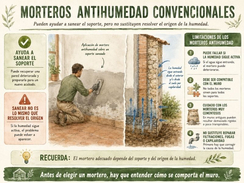 Infografía sobre morteros antihumedad convencionales, sus ventajas, limitaciones y compatibilidad con muros afectados por humedad.