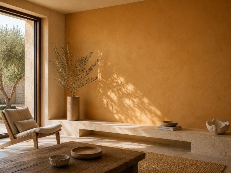 Salón con pared revestida en color ocre mediante pigmentos naturales y acabado mineral para crear un ambiente cálido y saludable.
