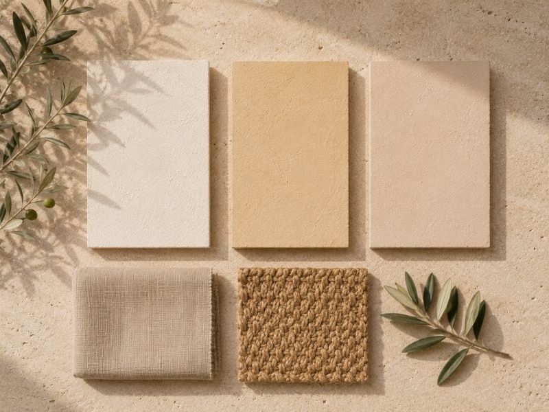 Muestras de revestimientos minerales en tonos claros y ocres suaves combinadas con tejidos y fibras naturales para crear espacios serenos.