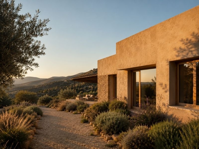 Fachada de vivienda con acabado mineral en tonos tierra realizado con pinturas ecológicas y pigmentos naturales.
