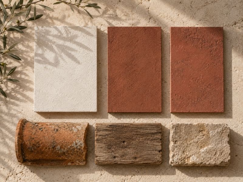 Muestras de revestimientos minerales en tonos almagra y rojo tierra combinadas con teja, madera y piedra natural para rehabilitación tradicional.