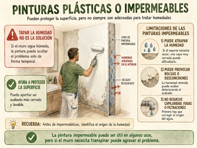 Aplicación de pintura impermeable sobre una pared con humedad, mostrando cómo puede atrapar la humedad en el interior del muro.