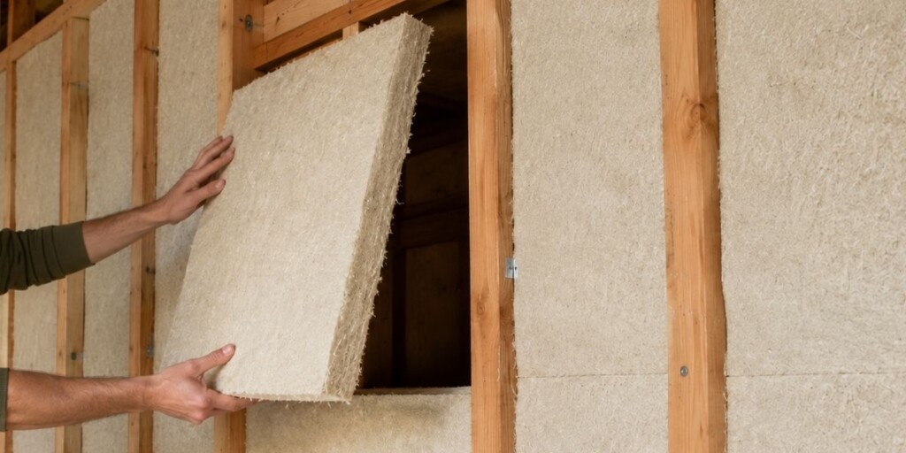 Aislamiento de cáñamo instalado en una estructura de madera para construcción sostenible y bioconstrucción.