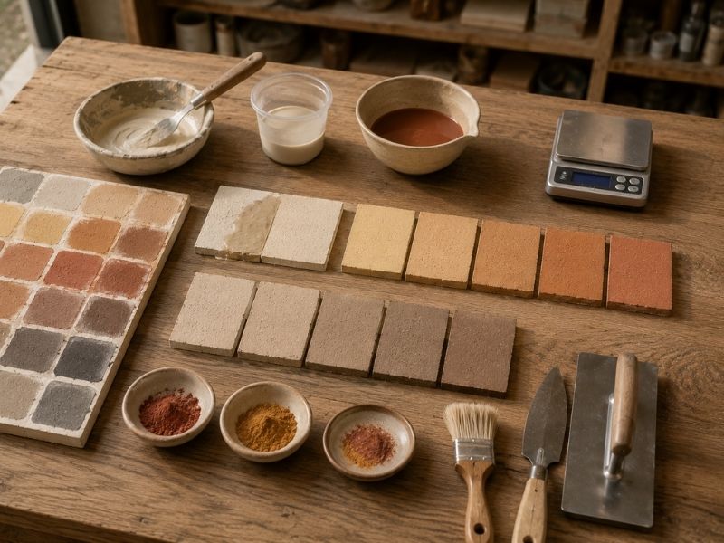 Muestras de color y preparación de pigmentos naturales para morteros de cal, estucos y pinturas ecológicas.