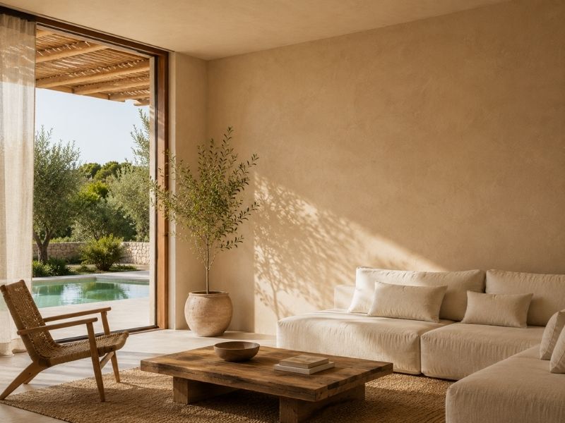 Salón con revestimiento decorativo mineral en tonos tierra realizado con pigmentos naturales y acabados de cal.