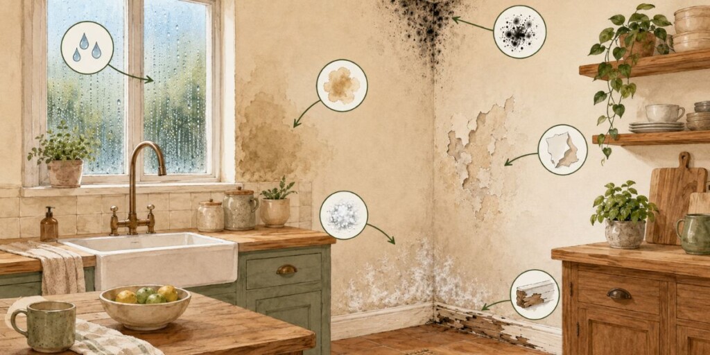 Señales de humedad en una vivienda: condensación en ventanas, moho, manchas, salitre, pintura desconchada y deterioro del rodapié.