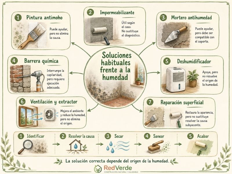 Infografía sobre las principales soluciones frente a la humedad: pintura antimoho, impermeabilizantes, morteros antihumedad, barreras químicas, deshumidificadores y ventilación.