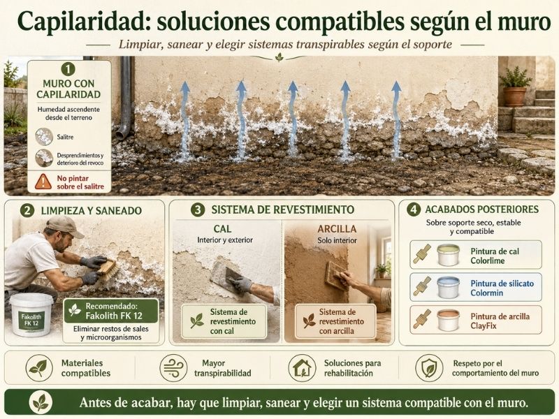 Infografía sobre soluciones compatibles para la humedad por capilaridad con limpieza, revestimientos de cal o arcilla y acabados minerales.