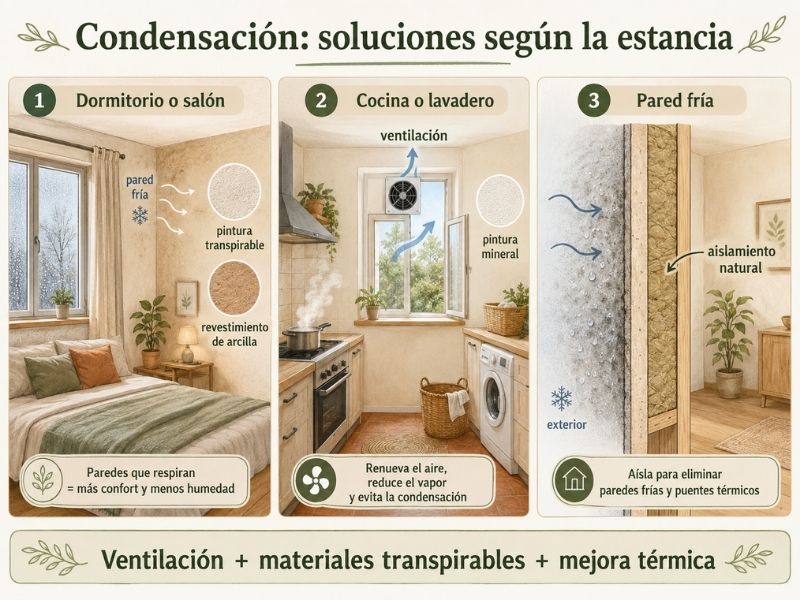 Infografía con soluciones para la humedad por condensación en dormitorios, cocinas y paredes frías mediante ventilación, materiales transpirables y aislamiento.
