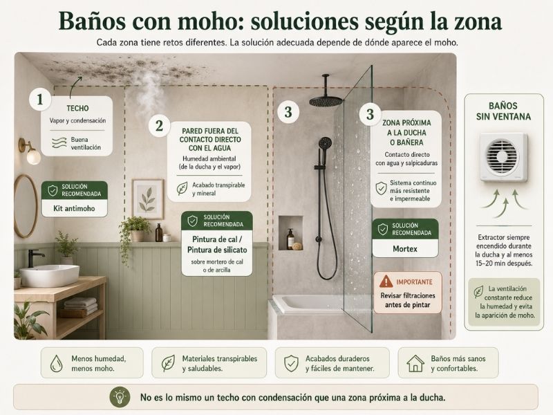 Infografía sobre soluciones para baños con moho según la zona afectada: techo, paredes, ducha y baños sin ventana.