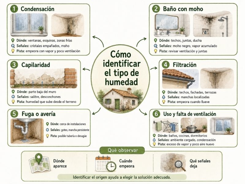 Infografía para identificar los principales tipos de humedad en una vivienda: condensación, moho en baños, capilaridad, filtración, fugas y falta de ventilación.