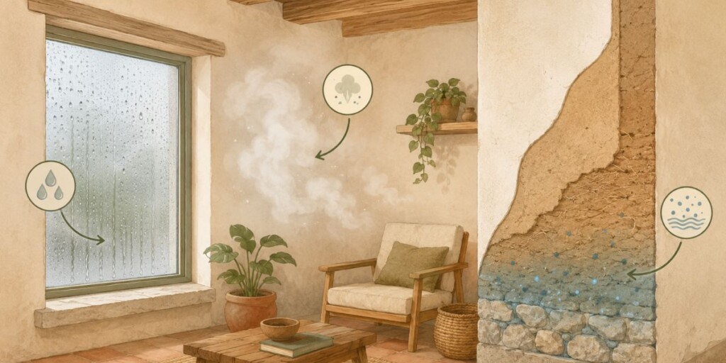 Ilustración de los principales tipos de humedad en una vivienda: condensación, humedad ambiental y humedad por capilaridad en un muro.