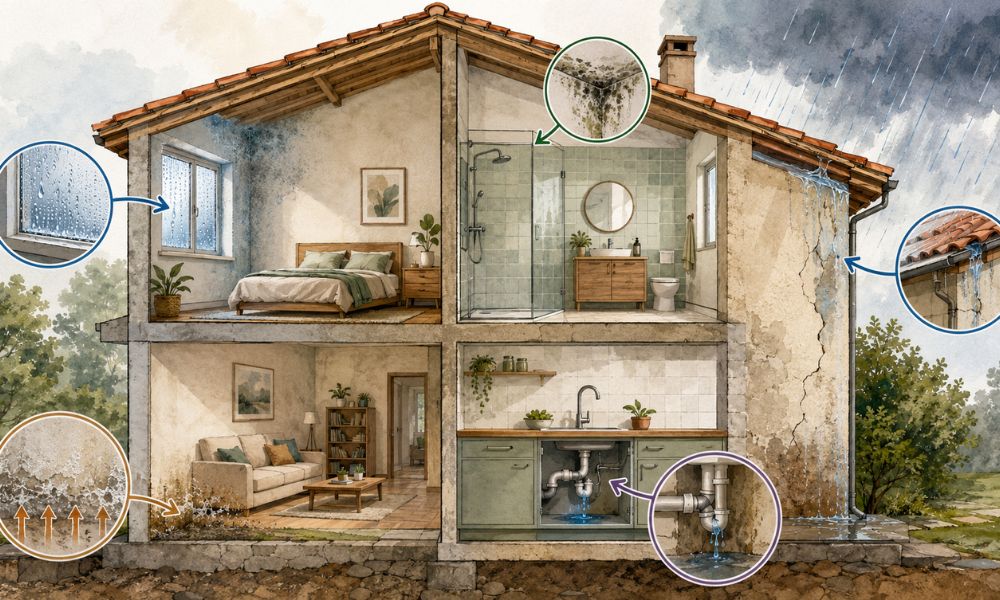 Esquema de una vivienda que muestra los principales tipos de humedades: condensación, moho en baños, capilaridad, filtraciones y fugas de agua.