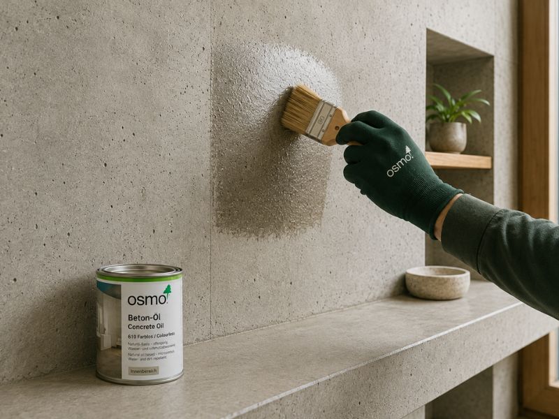 Aplicación de Aceite para Hormigón Osmo 610 sobre una superficie de hormigón visto.