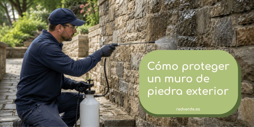 Profesional aplicando un tratamiento protector sobre un muro de piedra exterior natural
