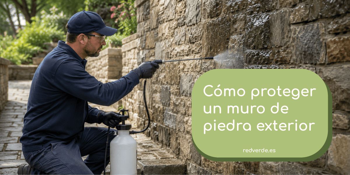 Profesional aplicando un tratamiento protector sobre un muro de piedra exterior natural