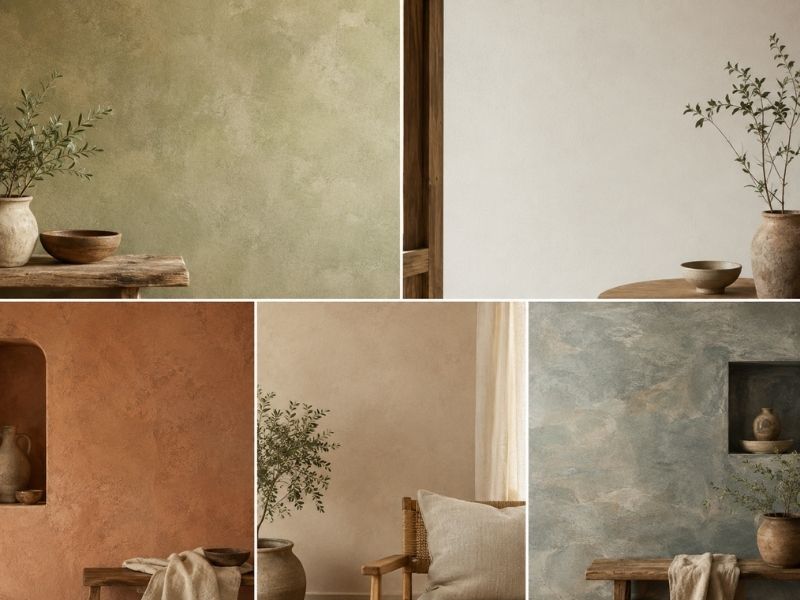 Distintos acabados con pinturas minerales y ecológicas en paredes de aspecto natural.