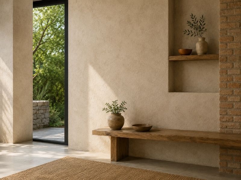 Revestimiento mineral en una zona interior de uso habitual expuesta a roces, suciedad y desgaste.