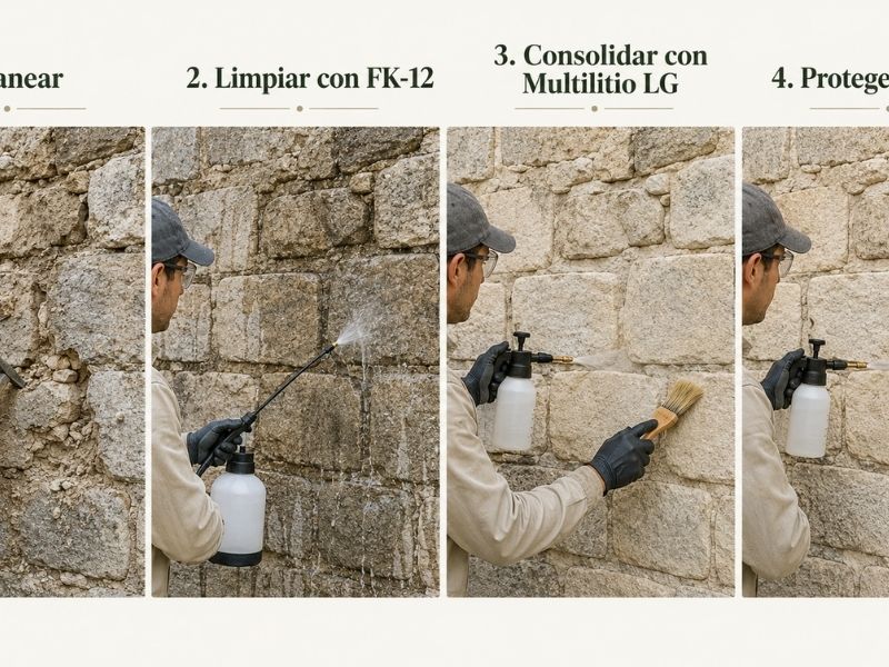 Tratamiento Fakolith para consolidar e hidrofugar un muro de piedra degradado