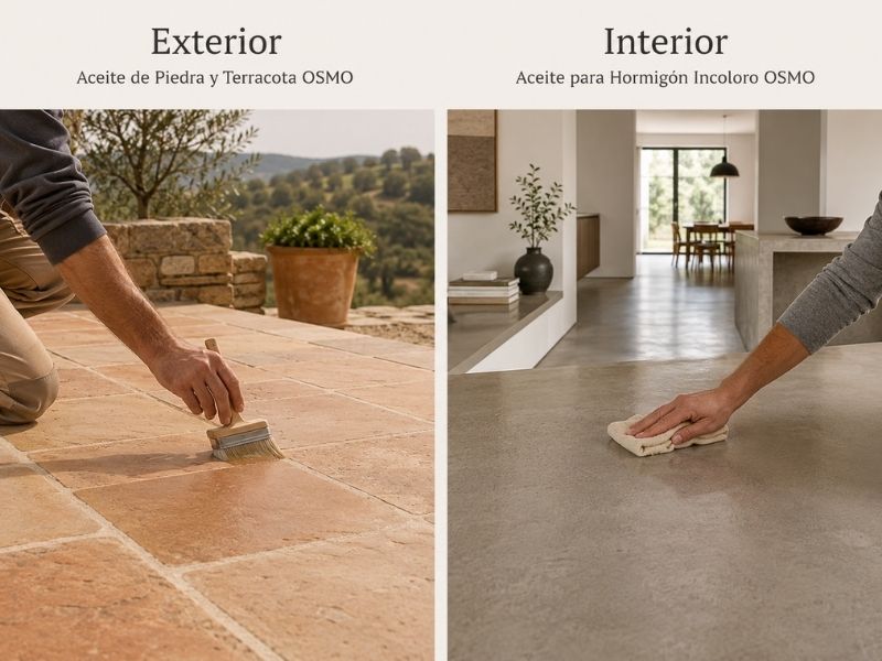 Aplicación de aceite OSMO sobre piedra y terracota en buen estado