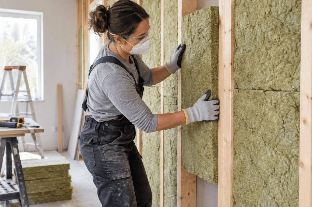 Mujer colocando paneles de aislamiento entre montantes de madera en una pared