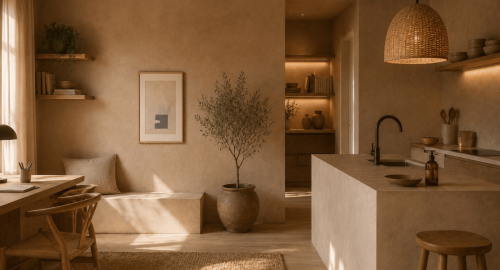 Estudio con cocina integrada y paredes de arcilla en tonos arena.