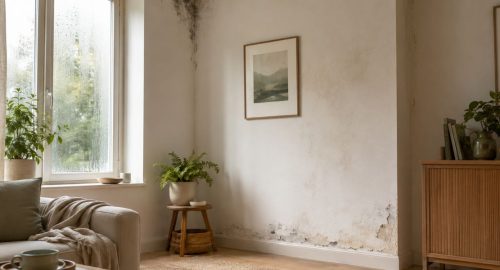 Salón con moho en una esquina, manchas de humedad en la pared y condensación en la ventana, ilustrando distintos problemas de humedad en una vivienda.